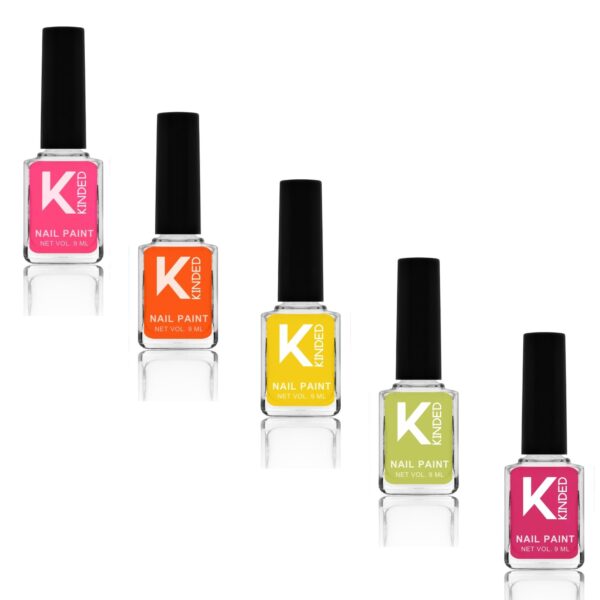 KINDED Nail Paint Long Lasting Lacquer Quick Drying Nail Polish Enamel for Girls Women (9 ml each, Glossy Finish, Combo Pack Set of 5 Neon Shades Pink Orange Yellow Green Magenta 01 to 05) - Fast Shipping to USA & Canada