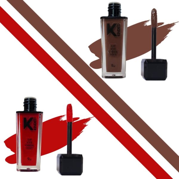 KINDED Lip Eye and Cheek Tint Combo for Women Girls Longlasting Moisturizing Vitamin E Liquid Lip Colour Lipstick Eyeshadow Blush (Matte Finish, Choco Brown & More Maroon, 9 ml each) - Fast Shipping to USA & Canada