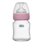Chicco Well-Being Glass Feeding Bottle for Babies (120ml, Slow Flow) | Premium Borosilicate Glass for High Durability | Elongated Teat for Correct Latch | Comes with Anti-Spill Cap | BPA Free (Pink) - Fast Shipping to USA & Canada