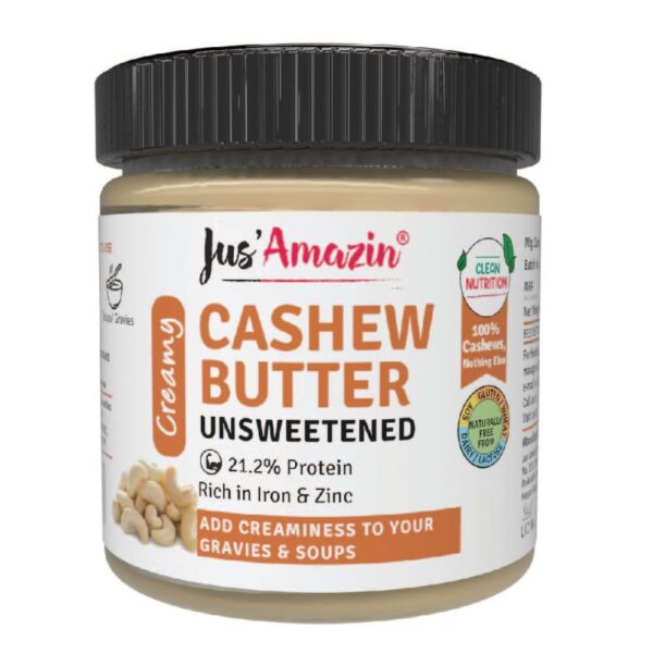 Jus' Amazin Cashew Butter - All Natural, Unsweetened, High Protein, Vegan, Cholesterol Free, Dairy Free, 100% Natural, Plant-Based Protein, 200 gms - Fast Shipping to USA & Canada