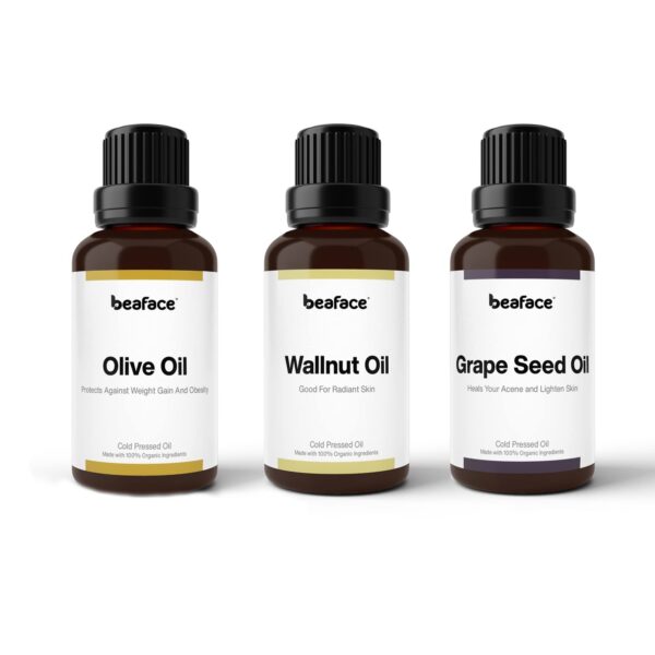 Beaface Combo Pack Walnut Oil 50ml | Olive Oil 50ml | Grape Seed oil 50ml Diffuser/Aromatic Bath Massage for Skin (Pack of 3)