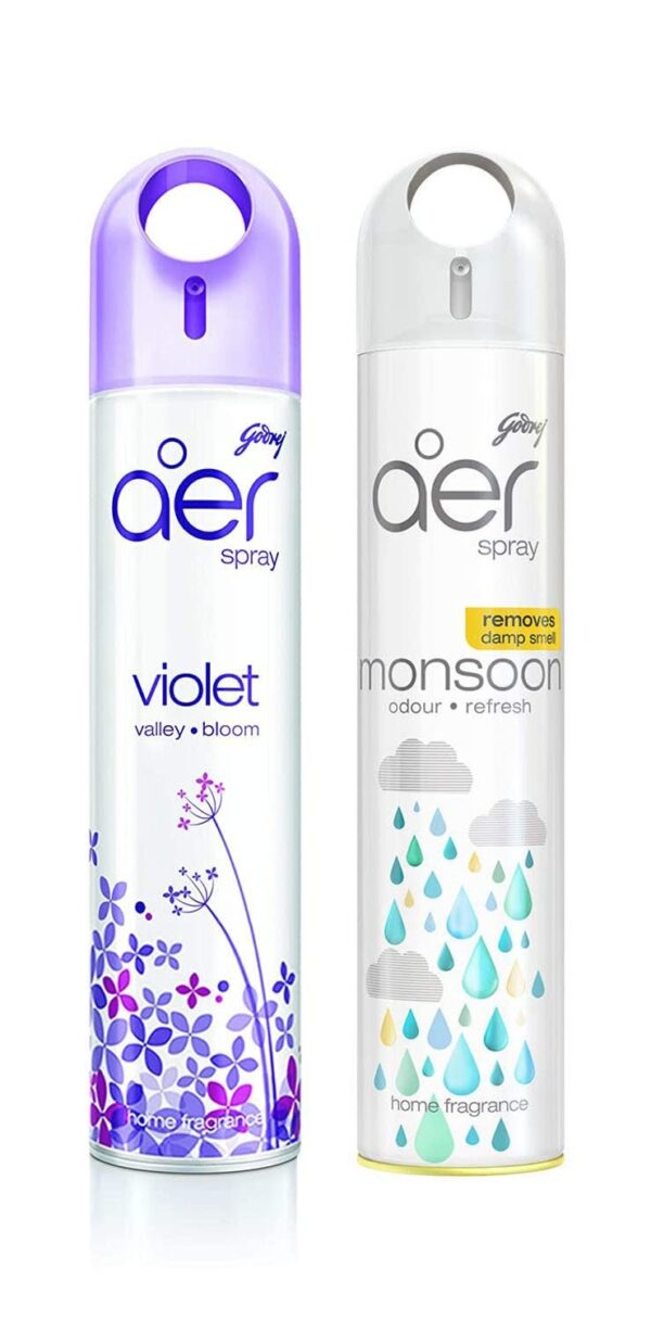 Godrej aer spray, Air Freshener for Home & Office - Violet Valley Bloom & Monsoon Odour Refresh | Remove Damp Smell | Long-Lasting Fragrance | Pack of 2 (240 ml each) - Fast Shipping to USA & Canada