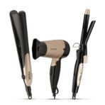 Vega Miss Versatile Styling Set Straightener, Curler & Dryer Gift Combo for Women, 1000W Hair Dryer with 2 Head/Speed Setting, Hair Straightener & Curler comes with Ceramic Coated, (VHSS-03), Black - Fast Shipping to USA & Canada