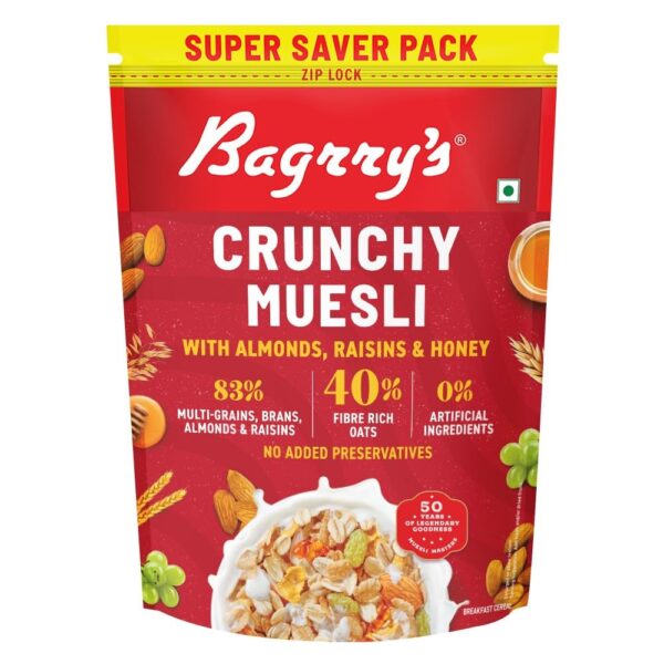 Bagrry's Crunchy Muesli 750gm Pouch| 40% Fibre Rich Oats with Bran | 82% Multi Grains, Almonds, Raisins & Honey | Breakfast Cereal | Natural Muesli - Fast Shipping to USA & Canada