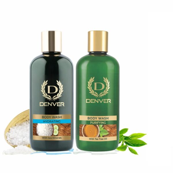DENVER Hydrating Body Wash And Purifying Body Wash -325ML Each (Combo Pack of 2)| Gentle Paraben Free Bath Cleansing Gel for Men