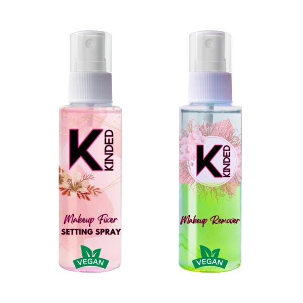 KINDED Combo of Makeup Fixer Setting Spray & Makeup Remover Oil Based Mint Green Dual Phase Cleanser Micellar Water Liquid Infused with Aloe Vera Extracts & Jojoba Oil for Girls Women - 60 ml each - Fast Shipping to USA & Canada