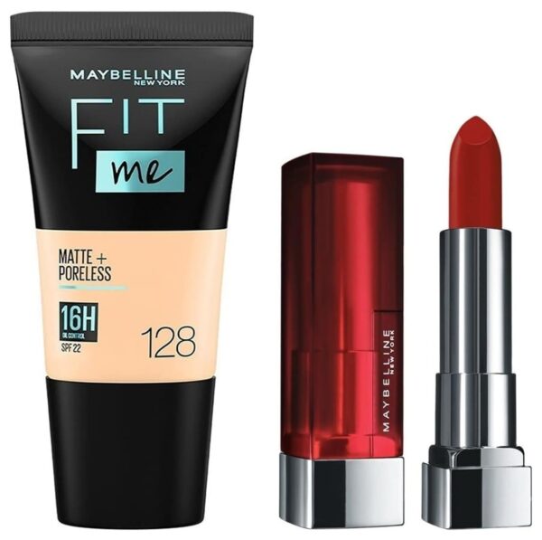 Maybelline New York Matte Lipstick, 677 Noho Amber, 3.9gm & Maybelline New York Liquid Foundation, Matte & Poreless, Full Coverage Blendable Normal to Oily Skin, Fit Me, 128 Warm Nude, 18 ml - Fast Shipping to USA & Canada