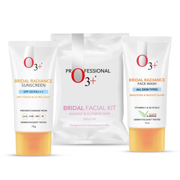 O3+ Radiance Skincare Combo With Bridal Facial Kit for Radiant & Glowing Skin 120g,Bridal Radiance Facewash 75g & Sunscreen 75g - Fast Shipping to USA & Canada