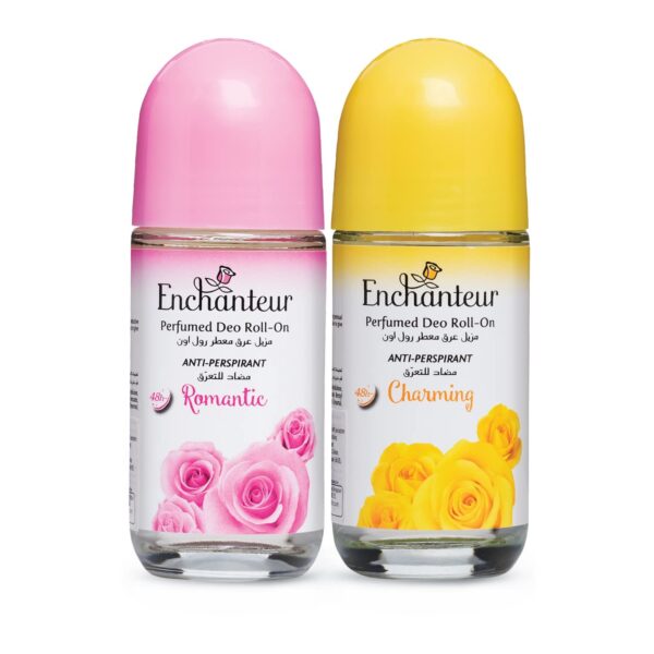 Enchanteur Romantic Roll-On Deodorant for Women, 50ml with Roses & Jasmine Extracts & Enchanteur Charming Roll-On Deodorant for Women, 50ml with Roses, Muguets & Cedarwood Extracts - Fast Shipping to USA & Canada