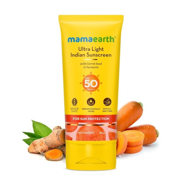 Mamaearth Ultra Light Indian Sunscreen-80 g with Carrot Seed & Turmeric | SPF 50 PA ++++| UVA & UVB Protection | No White Cast | Non-Greasy & Quick Absorbing | Super Lightweight | Suits All Skin Types - Fast Shipping to USA & Canada