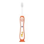 Chicco Toothbrush for Kids (3y-8y) with Suction Cup | Extra Soft Tapered Bristles for Milk and Permanent Teeth | With Tongue Scraper and BPA Free Material (Orange) - Fast Shipping to USA & Canada