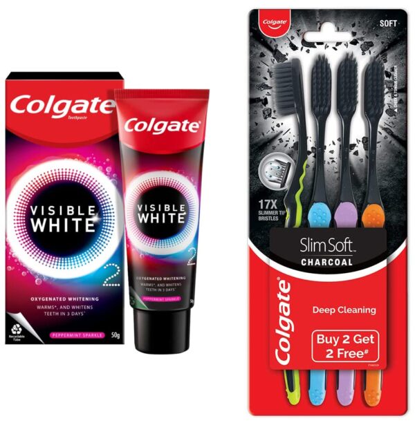 Colgate Visible White O2, Teeth Whitening Toothpaste, Peppermint Sparkle, 50g & Colgate Slim Soft Charcoal Toothbrush (Buy 2 Get 2 Free) - 4 Pcs - Fast Shipping to USA & Canada