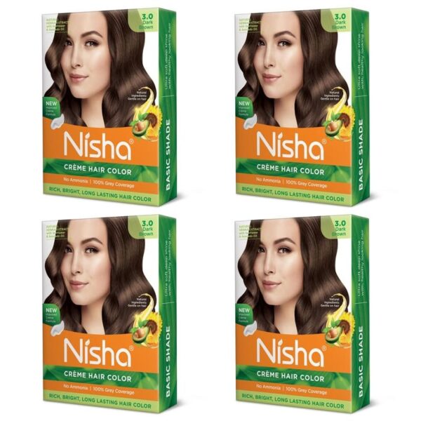 Nisha Creme Hair Color, Permanent Hair Colour Dark Brown, Silky & Shiny 100% Grey Coverage Rich Bright Long Lasting Hair Colouring For Ultra Soft Deep Shine Hair Dye (Pack of 4) - Fast Shipping to USA & Canada