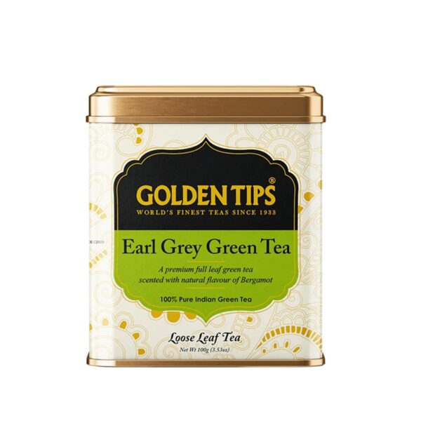 Golden Tips Earl Grey Green Tea Loose Leaves Tin can (100 Gram, 50 Cups) - Fast Shipping to USA & Canada