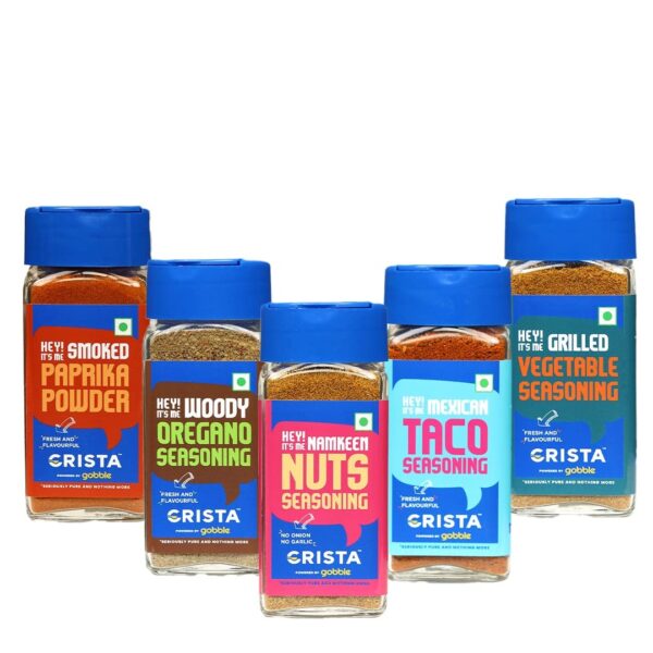 CRISTA International Seasonings Combo - 3 | Paprika Powder x 1, 45 gms | Taco Seasoning x 1, 45 gms | Oregano Seasoning x 1, 50 gms | Grilled Veg Seasoning, 50 gms | Nuts Seasoning 50 gm | Pack of 5