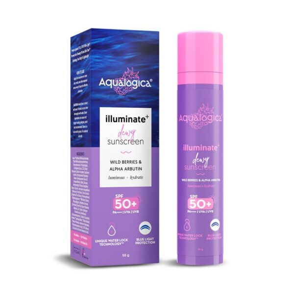 Aqualogica Illuminate+ Dewy Sunscreen For All Skin Types Spf 50+ Pa++++ With Wild Berries&Alpha Arbutin-50G|Protection Against Uva/B&Blue Light|Fragrance-Free|For Luminous Sun Protected Skin,Pack Of 1 - Fast Shipping to USA & Canada
