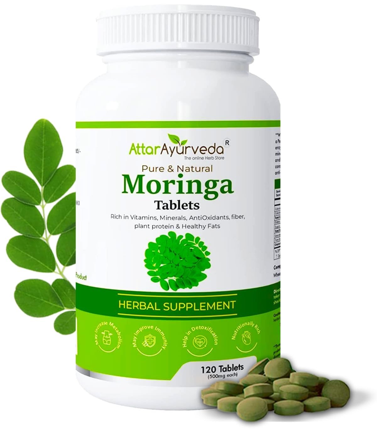 61cHiJvePOL-1.jpg Attar Ayurveda Moringa Tablets 120 Tablets, 500 mg each | Drumstick Leaf Tablets | Pure and Natural, Highly Nutritious - Fast Shipping to USA - Image 1