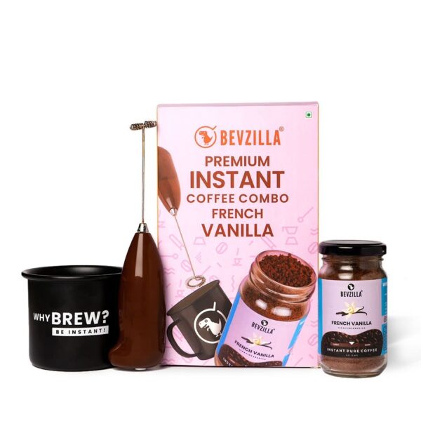 Bevzilla Gift Box of 75 Grams French Vanilla Instant Coffee Powder With Electric Frother & Enamel Mug| 100% Arabica Coffee | Festive Gifting | Premium Box| Gift Box| Best Gift - Fast Shipping to USA & Canada