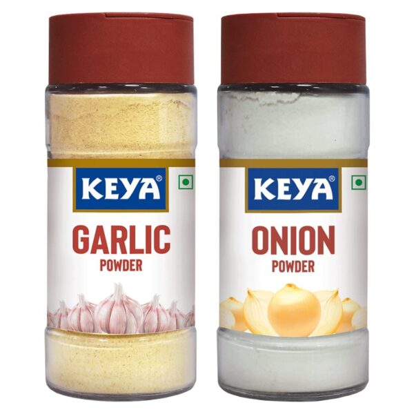 Keya Combo of Garlic Powder 55gm, Onion Powder 50gm | Ready to use | Sourced From Whole | Zero added Colours, Fillers, Additives & Preservatives | Pack 2 - Fast Shipping to USA & Canada