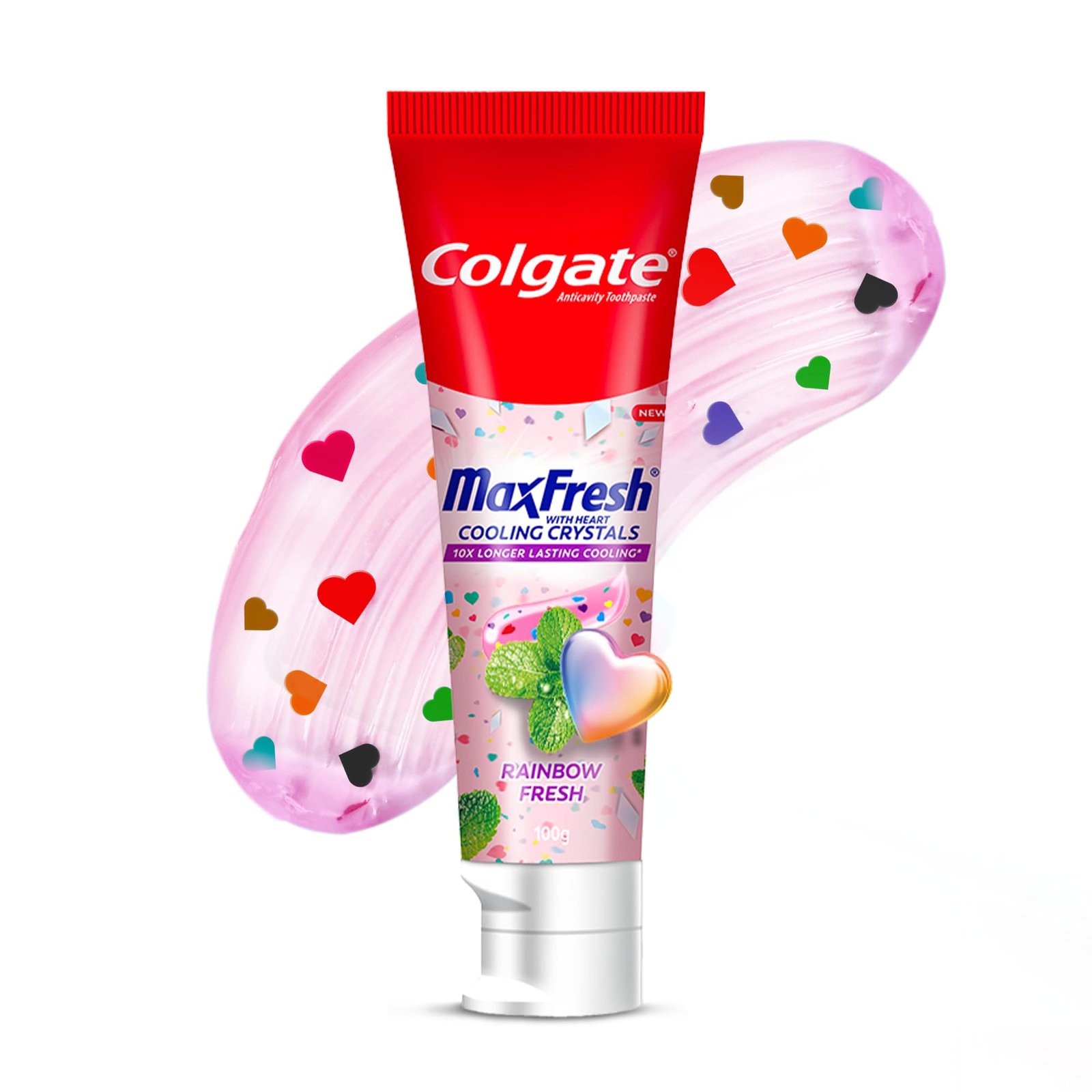 Version 1.0.0 Colgate MaxFresh Rainbow Fresh Gel Toothpaste, with Heart Shaped Cooling Crystals, Triple Mint Flavour, and Ultrafreeze Technology for Intense Freshness, 100g - Fast Shipping to USA & Canada - Image 1