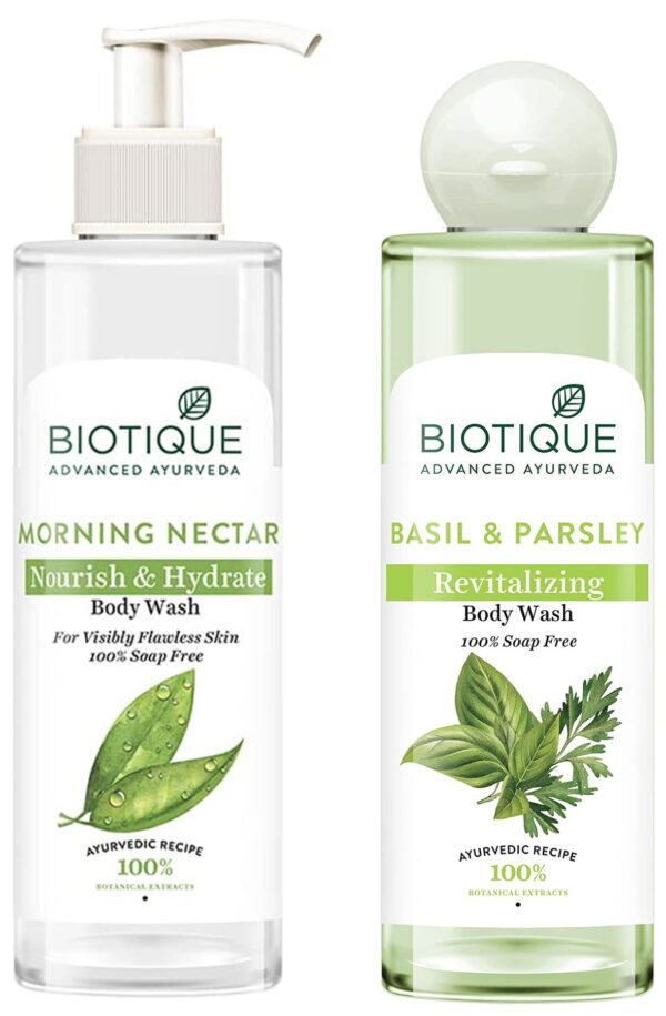 Biotique Morning Nectar Nourish & Hydrate Body Wash For Visibly Flawless Skin, 200ml & Biotique Basil & Parsley Revitalizing Body Wash, 200ml - Fast Shipping to USA & Canada