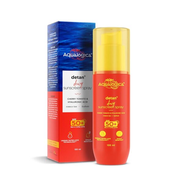 Aqualogica Detan+ Dewy Sunscreen Spray For All Skin Types | Mess-Free Application I Hydrating & Sweat Resistant I Water-Light Texture | SPF 50+ PA++++ | For Men & Women | 100 ml - Fast Shipping to USA & Canada