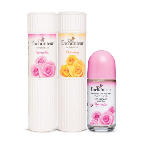 Enchanteur Romantic Perfumed Talc for Women, 250g with Roses & Jasmine & Romantic Roll-On Deodorant, 50ml with Roses & Jasmine &Charming Perfumed Talc for Women, 250g with Roses, Muguets & Cedarwood - Fast Shipping to USA & Canada
