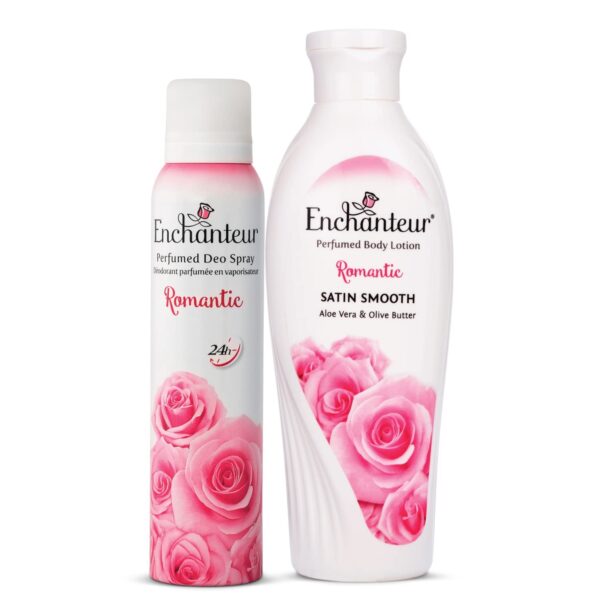 Enchanteur Romantic Perfumed Deo Spray for Women, 150ml And Enchanteur Romantic Perfumed Body Lotion, 250ml, with Aloe Vera & Olive Butter for Satin Smooth Skin - Fast Shipping to USA & Canada