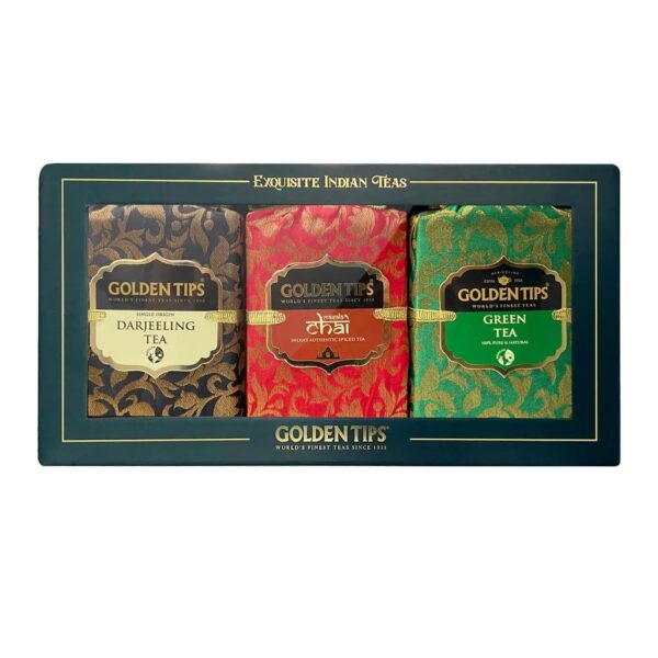 Golden Tips Healthy/Natural and Organic Combo 3-in-1 Tea Box Green Tea, Masala Chai and Darjeeling Tea in Handmade Paper Box (Pac of 3, 50 Gram Each), 150 gram - Fast Shipping to USA & Canada