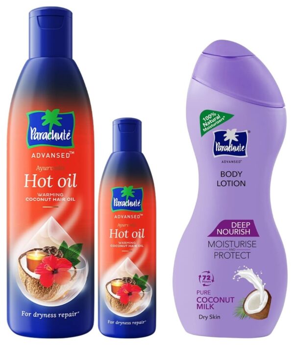 Parachute Advansed Ayurvedic Hot Oil, Warming Coconut Hair Oil, 400 ml + 90 ml & Parachute Advansed Deep Nourish Body Lotion for Women & Men, Dry Skin, 250ml - Fast Shipping to USA & Canada
