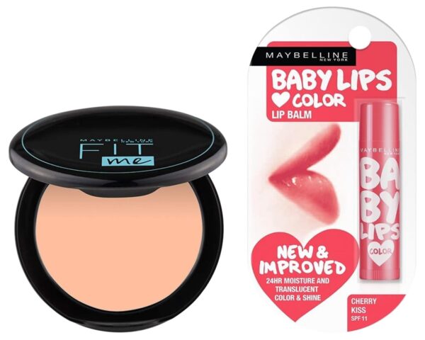 Maybelline New York Compact Powder normal to oily Skin Matte,Natural Finish, 115 Ivory, 6g & New York Lip Balm, With SPF, Cherry Kiss, 4g - Fast Shipping to USA & Canada