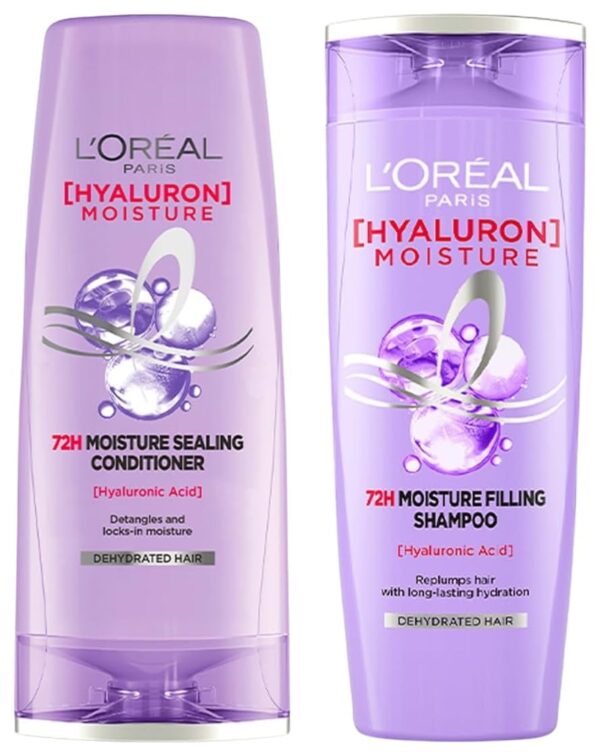 L'Oreal Paris Hyaluron Moisture 72H Moisture Filling Shampoo | With Hyaluronic Acid | For Dry & Dehydrated Hair 340ML + Hyaluron Moisture Conditioner 340 mL, Regime Pack of 2 - Fast Shipping to USA & Canada