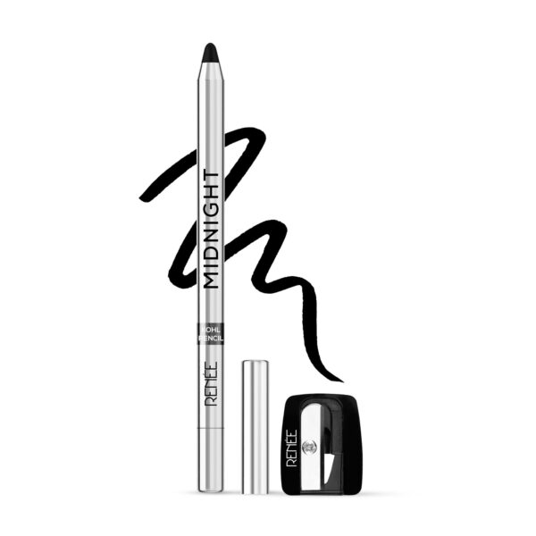 RENEE Midnight Kohl Kajal Pencil - Waterproof, Smudgeproof With Sharpener - 24 Hours Long Stay - Darkest Black - One Swipe Application - Vitamin E, Olive Oil and Castor Oil - 1.5 Gm, Matte Finish