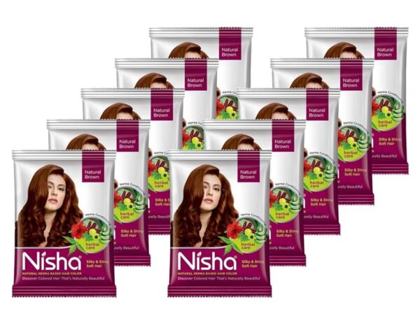 Nisha Natural Henna Based Hair Colour, Brown, Herbal Care with Silky & Shiny Soft Hair Formula pack of 10pc - Fast Shipping to USA & Canada