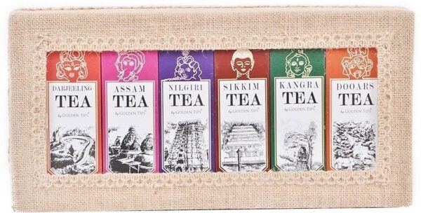 Golden Tips Combo of 6 in 1 Jute Box Darjeeling, Assam, Nilgiri, Sikkim, Kangra and Dooars 100% Natural Loose Leaf Tea (6 X 50 Gram) - Fast Shipping to USA & Canada