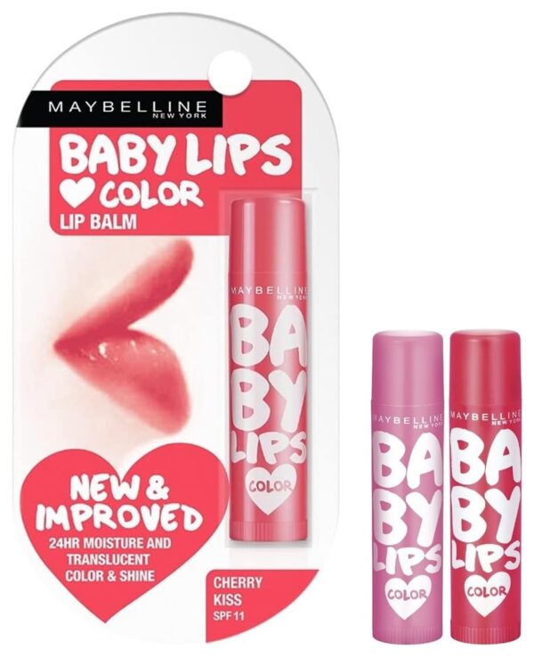 Maybelline New York Baby Lips Lip Balm, Cherry Kiss, 4g & Maybelline New York Baby Lips Pink Lolita & Baby Lips Cherry Kiss Lip Balm, Pink, Red, 31.2 g (Pack of 2) - Fast Shipping to USA & Canada