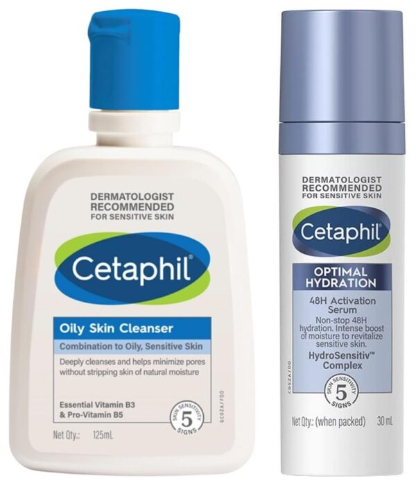 Cetaphil Optimal Hydration Lightweight Serum 30 ml Fast absorbing Hyaluronic Acid Blue Daisy extract Vitamin B5 for Oily Skin Cleanser Daily For Oily Acne Prone SkinFoaming 125Ml - Fast Shipping to USA & Canada