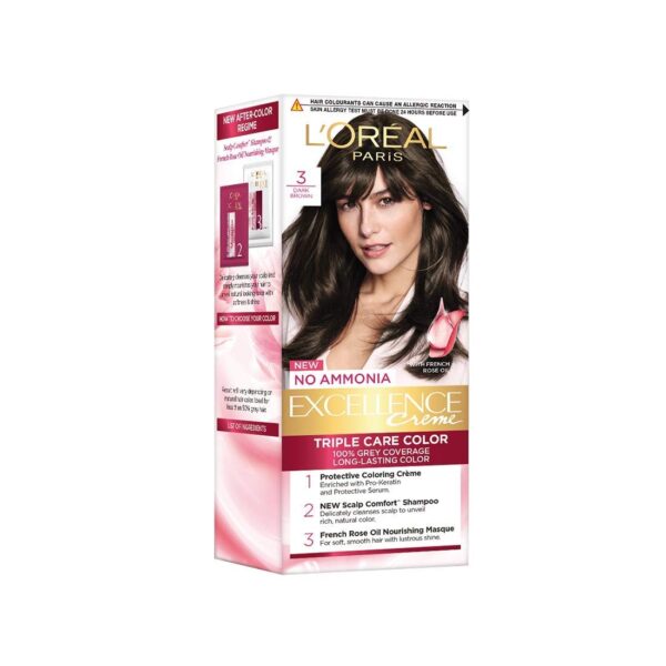 L'Oreal Paris Excellence Triple Care Hair Colour Cream, 25ml + 25g - 3 Natural Darkest Brown (Pack of 1) - Fast Shipping to USA & Canada