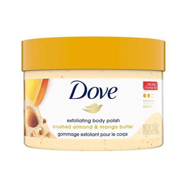 Dove Exfoliating Body Polish Scrub for Dry Skin with Crushed Almond and Mango Butter, Gently Exfoliates and Moisturizes to Reveal Instantly Soft, Smooth & Healthy Skin, Naturally Derived Ingredients, Sulfate-Free, Fruity Scent, 298g - Fast Shipping to USA & Canada