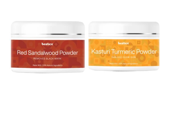 Beaface Red Sandalwood Powder Tan Remover, Blemishes and Pigmentation - 100gm | Kasturi Turmeric Powder Acne Pimple Skin Whitener - 100gm (Pack-2)