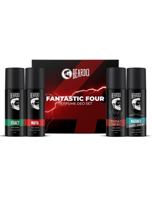 Beardo Fantastic 4 Perfume Body Spray Gift Set for Men 4X40ml | Long Lasting Fragrances | Legacy, Mafia, Mariner Capt Jack and Whisky Smoke Perfume Body Spray | Valentines day gift for husband | Gift for boyfriend | Gift for Men - Fast Shipping to USA & Canada
