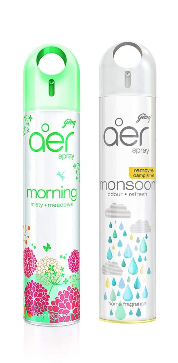 Godrej aer spray, Air Freshener for Home & Office - Morning Misty Meadows & Monsoon Odour Refresh | Remove Damp Smell | Long-Lasting Fragrance | Pack of 2 (240 ml each) - Fast Shipping to USA & Canada