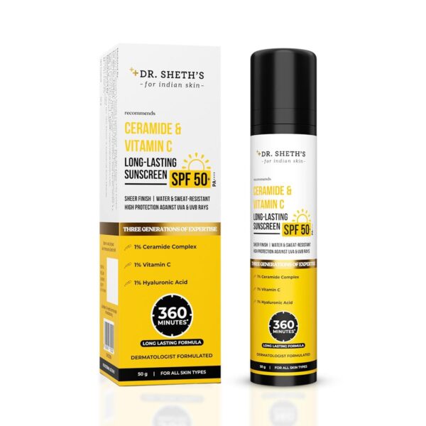 Dr. Sheth's Ceramide & Vitamin C Long lasting Sunscreen SPF 50+ PA++++ 6 hrs Advanced UV & Tan Protection For All Skin Types | No White Cast| Non-Greasy & Quick-Absorbing | For Women & Men | 50g - Fast Shipping to USA