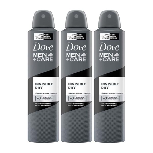 Dove Men+Care Invisible Dry Spray Antiperspirant Deodorant, Up To 48 hrs Protection From Sweat & Odour, Instantly Dry for Cleaner Feel & Leaves No White Marks or Stain, Soothes & Moisturises Skin, Warm, Oriental Scent, 250ml (Pack of 3) - Fast Shipping to USA & Canada