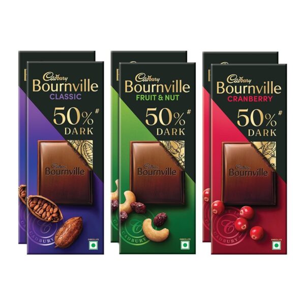 Cadbury Bournville Dark Chocolate Bar Combo, Pack Of 6 (2 X 80 Grams Rich Cocoa, 2 X 80 Grams Fruit And Nut, 2 X 80 Grams Cranberry) - Fast Shipping to USA & Canada