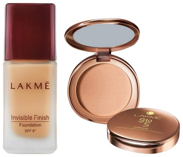 LAKME Invisible Finish Spf 8 Cream Foundation For All Skin Types, Shade 01, 25Ml And 9 To 5 Flawless Matte Light Coverage Complexion Compact, Almond, 8G, 2 Count - Fast Shipping to USA & Canada