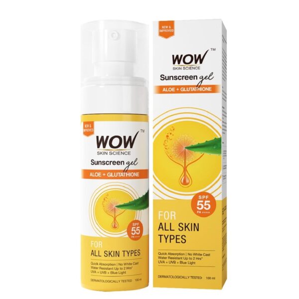 WOW Skin Science Sunscreen Gel For All Skin Types | SPF 55 PA++++ | With Glutathione & Aloe Vera Extract | Lightweight | Quick Absorbing | No White Cast | UVA & UVB Protection | 100 ml - Fast Shipping to USA & Canada