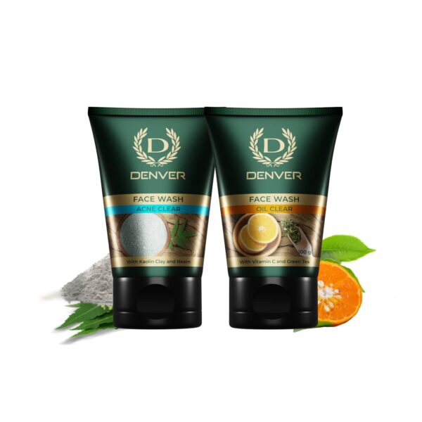 DENVER Oil Clear + Acne Clear Face Wash - 100GM Each (Pack of 2) | Oil Control/Acne Control Cleansing Gel - Remove Acne & Lighten Dark Spots Face Gel for Men