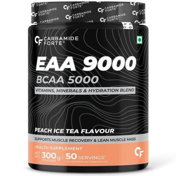 Carbamide Forte Eaa Supplement with Bcaa 5000Mg | Eaa intra workout Supplement for Men & Women with Hydration Blend & Vitamins ? Peach Iced Tea Flavour - 50 Servings - Powder 300G - Fast Shipping to USA