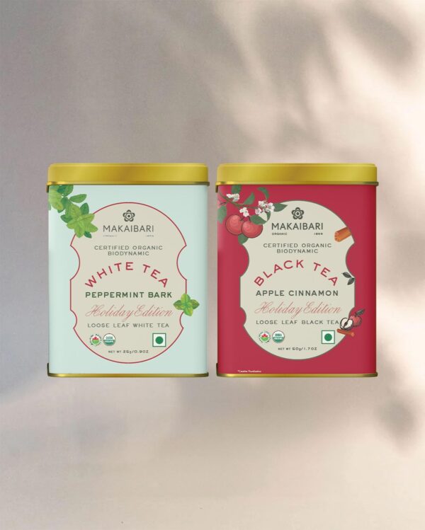 Makaibari Holiday Edition : Apple Cinnamon Black Tea & White Peppermint Bark | Usda Certified Tea | Anti-Oxidants, Immunity Booster | Tin Caddy, 75gm - Fast Shipping to USA & Canada